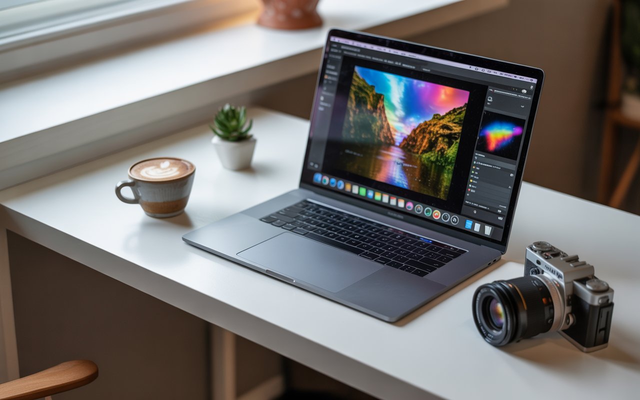 Creative workspace with laptop showing image editing tools